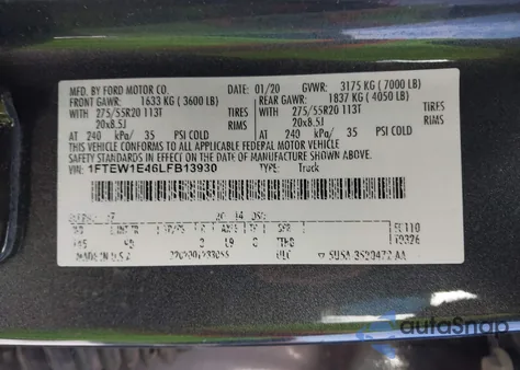 2020 Ford F-150 Platinum из США, поврежденный, VIN 1FTEW1E46LFB13930